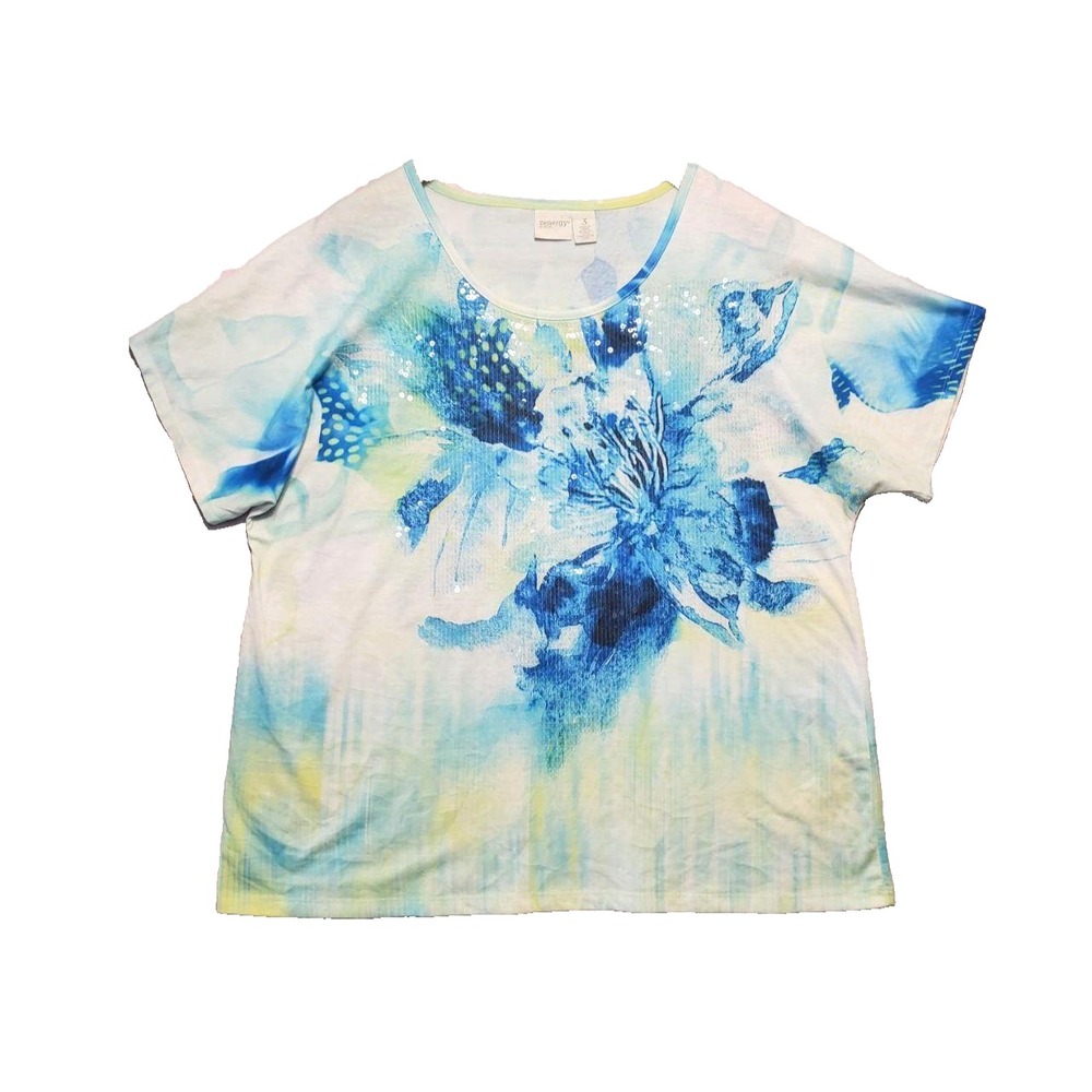 Chicos Zenergy Shirt Womens XL Blue Floral Sequin‎ Scoop Neck Short Sleeve Top